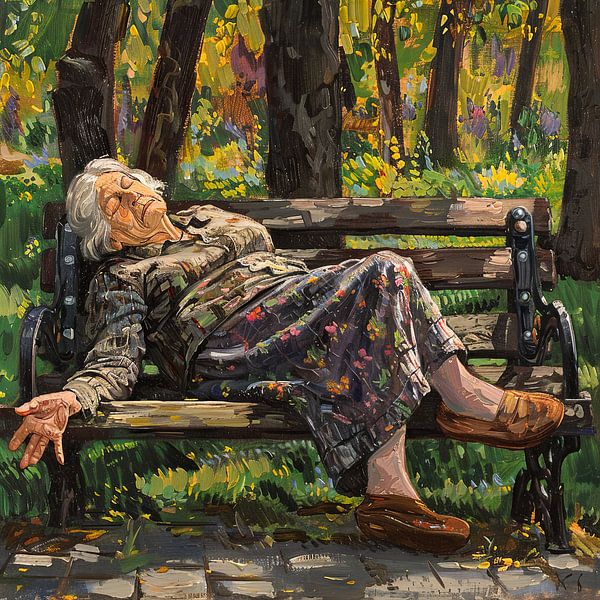 Ruhe im Park - schlafende Frau auf einer Bank von Poster Art Shop