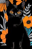 Black Cat umgeben von Blumen