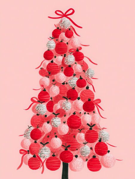 Sapin de Noël rétro rose rempli d'ornements rouges et blancs par But First Framing