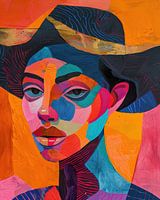 Buntes modernes Frauenporträt auf orangefarbenem Hintergrund