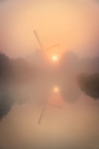 Paysage de polder néerlandais lors d'un lever de soleil brumeux par Original Mostert Photography