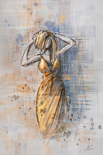 Digitales Mischtechnik-Kunstwerk in Gold, Gelb, Grau und Blau von Emiel de Lange