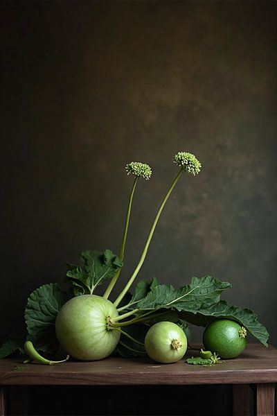 Green Silence - Minimalistisches Stillleben mit Kürbis und Blumenstängeln von Kleurenrijk