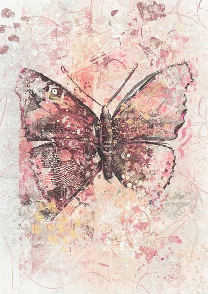 Schmetterling in rosa, warmem Grau und zartem Gelb von Emiel de Lange