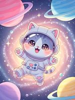 Adorable feline astronaut joyfully floats through a sparkling, whimsical pastel galaxy