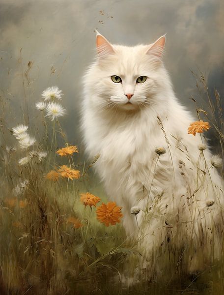 Weiße Katze im Blumenfeld von Emil Husstege