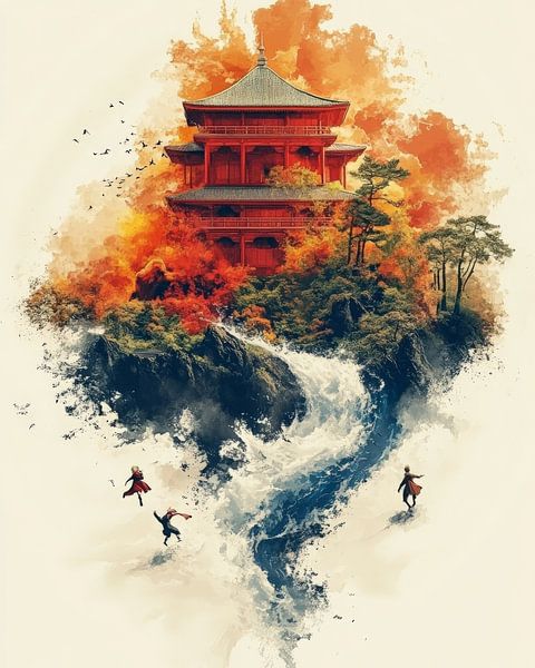 Pagode rouge sur une île avec chute d'eau par Jordan