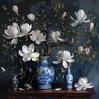 Magnolia dans des vases bleus de Delft