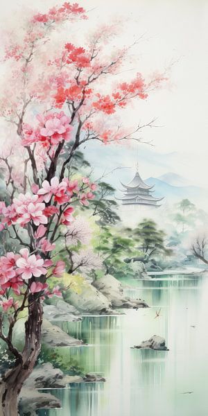 Très beau paysage avec de l'eau et des montagnes dans le style asiatique par Art Bizarre