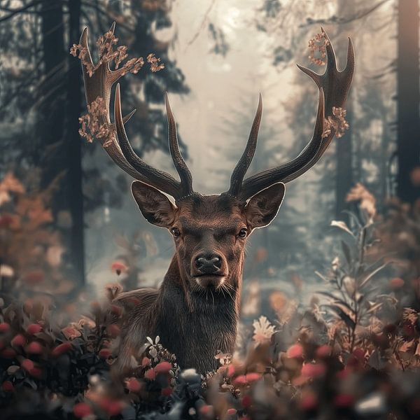 Gros plan sur un cerf dans une forêt magique par Mel Digital Art