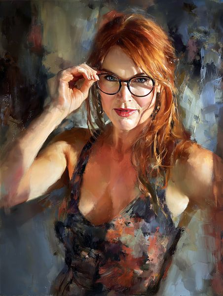 Red-haired woman with an intense look by Frank Heinz