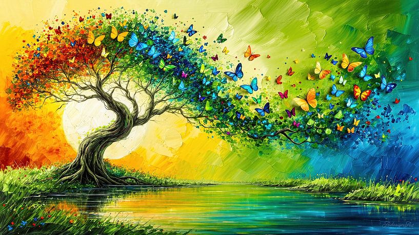 Arbre de vie - entre ombre et lumière, floraison et déclin : Un voyage poétique en couleurs à travers le cycle de la nature par AidasignArt