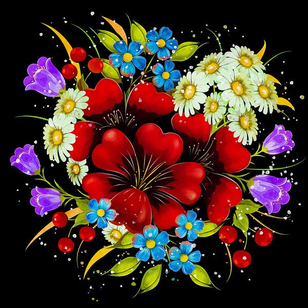 Colorful bouquet (art, square, black background) by Art by Jeronimo
