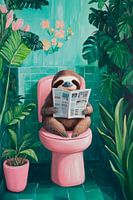 Lazy dog in a colourful bathroom