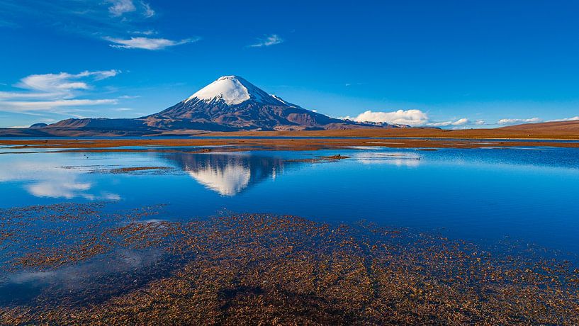Un paysage avec un volcan qui se reflète parfaitement dans un lac par Chris Stenger