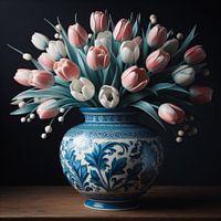 Delft Blue vase with pastel tulips