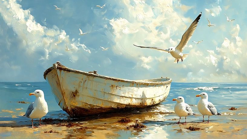 Bateau à rames usé par les intempéries sur la plage par Preet Lambon