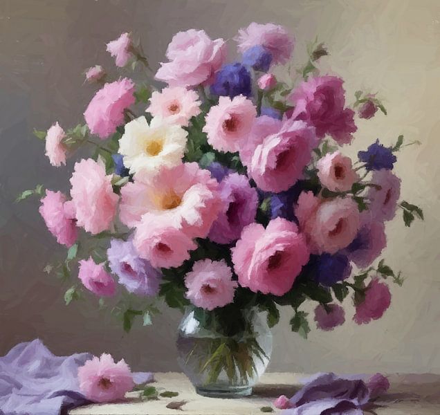 A romantic still life bouquet of purple pink flowers in vase . by J.a Dijkstra