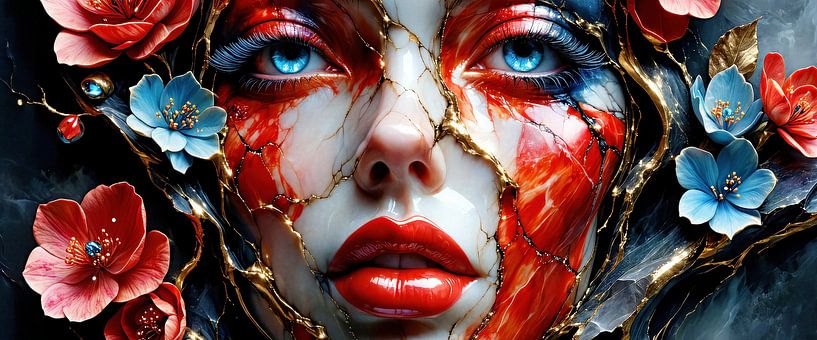 Gesicht einer Frau aus Marmor mit goldenen Adern – Ein durchdringender Blick aus blauen Tiefen, umrahmt von leuchtenden Blüten und gehüllt in die Mystik der Nacht von AidasignArt