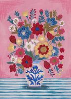 Nature morte Vase bleu de Delft Bouquet Couleurs vives