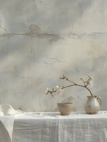 Minimalistisches Stillleben in Weiß, Japandi und Wabi-Sabi-Stil von Japandi Art Studio
