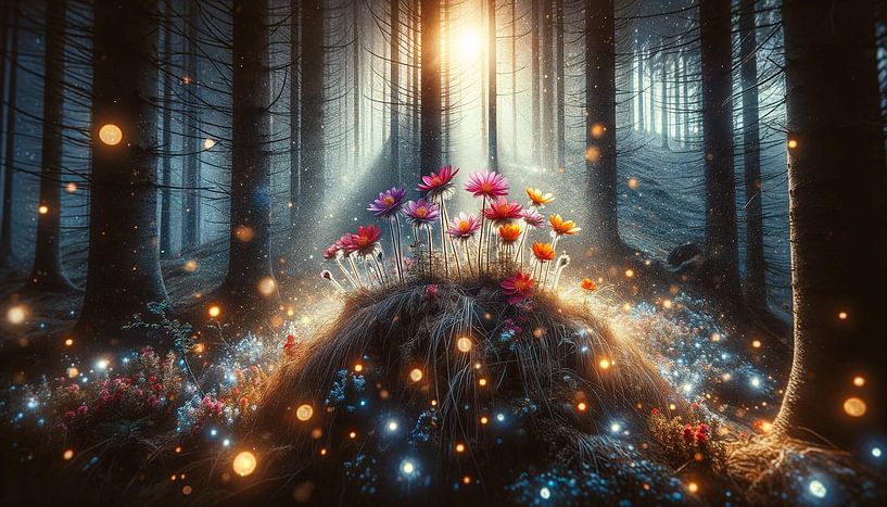 Ambiance matinale mystique dans la forêt de fleurs par artefacti
