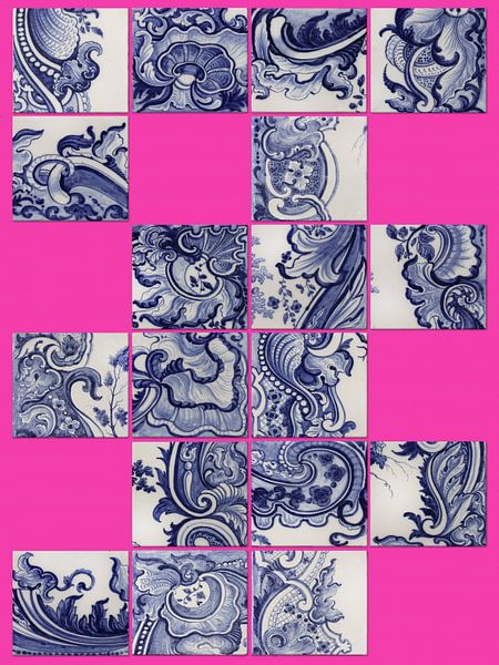 Pink and delft blue, mix of fragments of tile tableau Rijksmuseum by Mijke Konijn