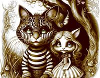 Alice in Wonderland and the Cheshire Cat in sepia