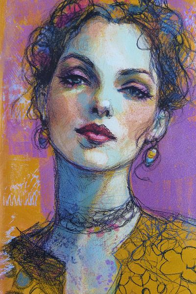 Portrait d'une femme en Italie | Femme sur fond coloré par Peinture Abstraite