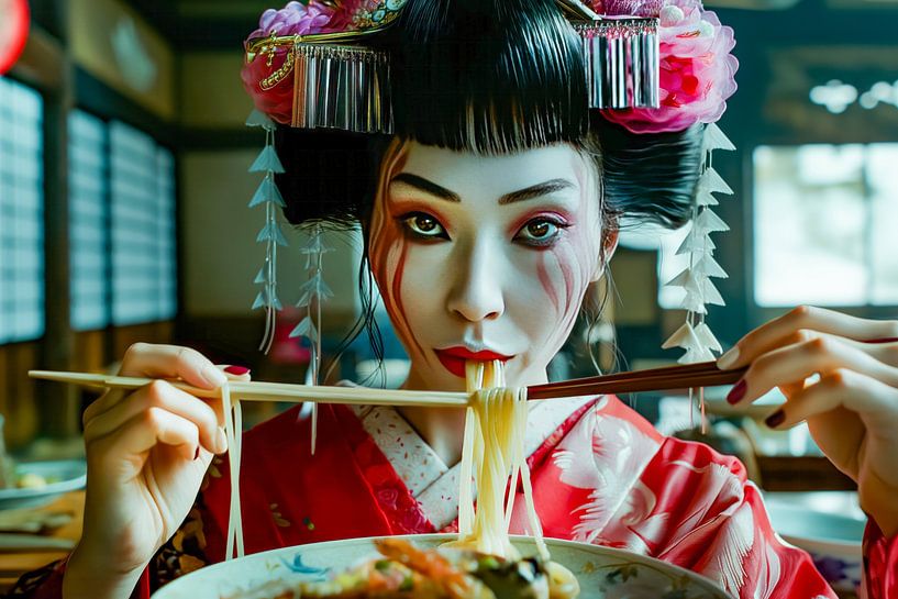 japanische Frau isst Spaghetti von Egon Zitter