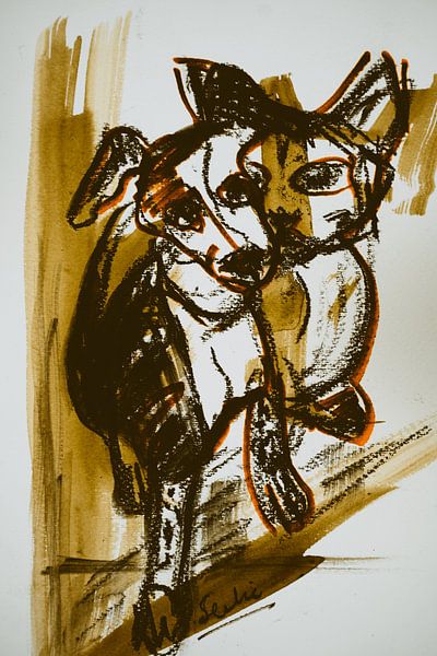 Ein Zweiergespann, Hund und Katze von Gemälde Liesbeth Serlie