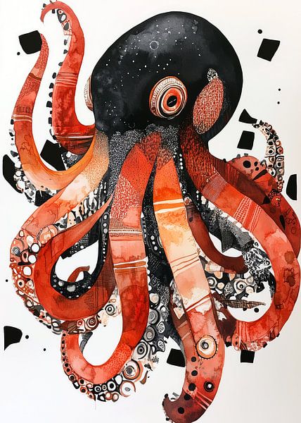 Dessin rouge et noir de la pieuvre #octopus par JBJart Justyna Jaszke