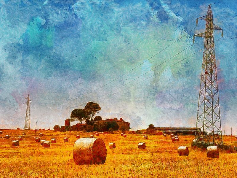 Italienisches Bauernhaus mit Pylonen und Strohballen 3 von Dorothy Berry-Lound