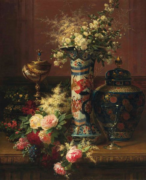 Rosen, Pfingstrosen und Vergissmeinnicht in einer japanischen Vase, Jean-Baptiste Robie von Meisterhafte Meister