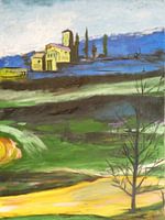 Ein Gemälde mit verschiedenen Grundfarben und einer Berglandschaft mit Hütten.