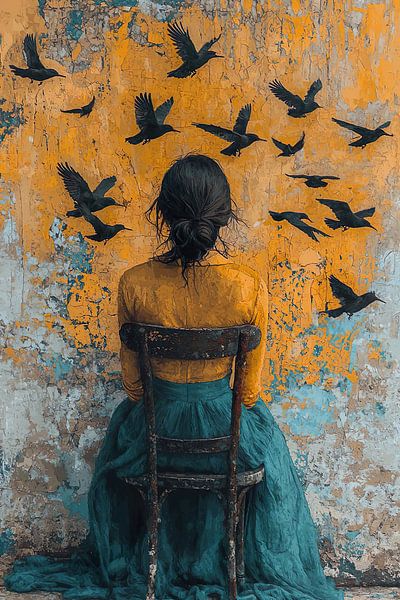junge Frau umgeben von Vögeln von PixelPrestige