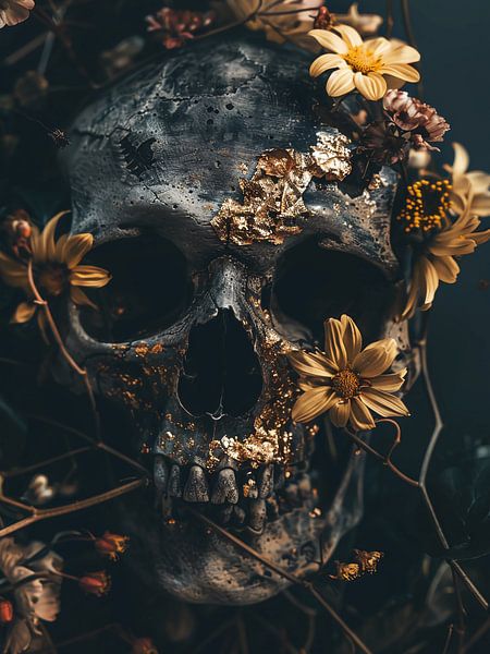 moody floral skull by haroulita