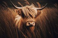 Hochlandrinder in hohen Gräsern