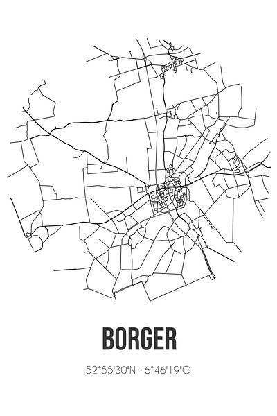 Borger (Drenthe) | Karte | Schwarz und Weiß von Ortsdrucke