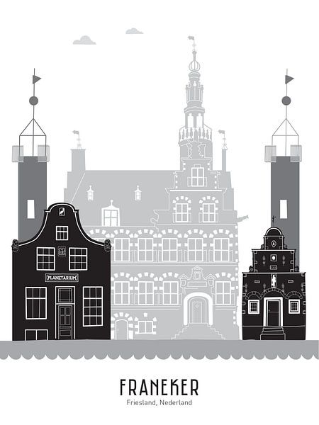 Skyline illustration city of Franeker in black-and-white-grey by Mevrouw Emmer