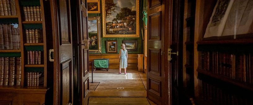 House library at Paleis Het Loo museum with a child in window light looking intently at artworks by Maarten Zeehandelaar