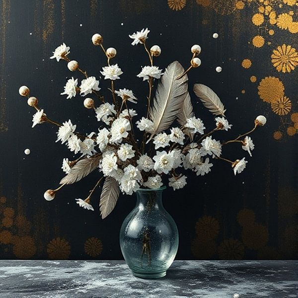 glass vase with white flowers and feathers still life by J.a Dijkstra