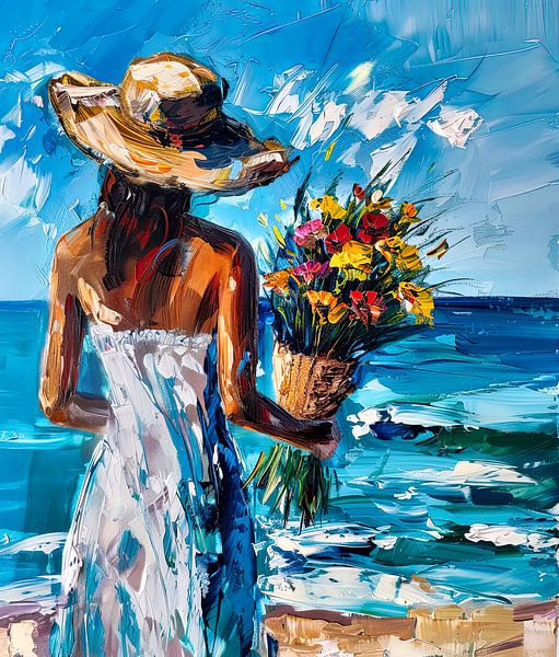 Frau mit Hut und Blumenstrauß am Wasser von Egon Zitter