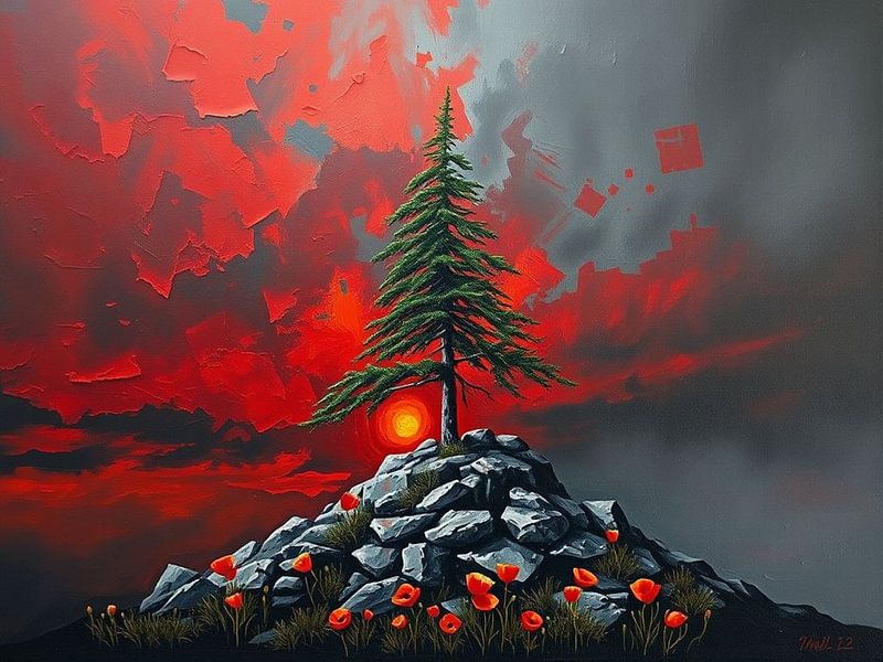 Eine einsame Kiefer&#039;s feurige Umarmung: Ein Symbol der Widerstandsfähigkeit inmitten einer karminroten Morgendämmerung von Artistic