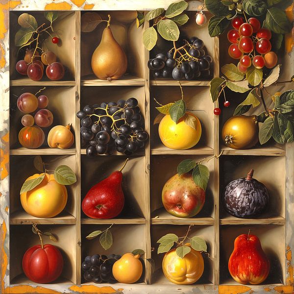 Frisches Obst in einer Holzvitrine von Schwarzer Kaffee