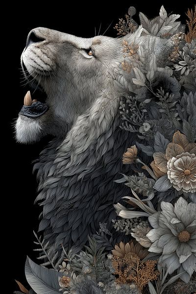 Lion with flowers and plants by ARTemberaubend