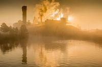 Suikerfabriek in de ochtendmist