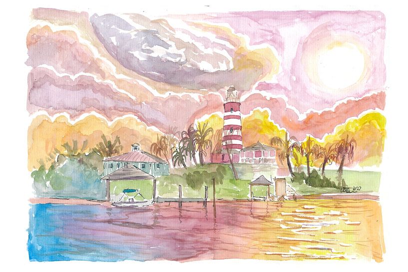 Incredible Sunset of Caribbean Lighthouse and Town on Abaco Islands Ba by Markus Bleichner