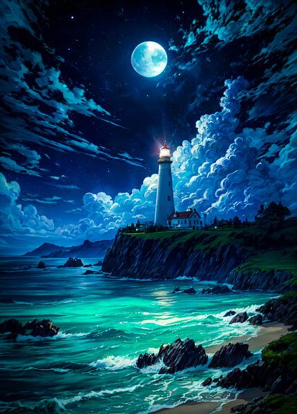 Moonlit Lighthouse on the Cliffs by Ruzerin
