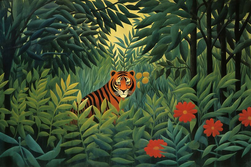 Majestätischer Tiger im Dschungel - Gemälde im Stil von Henri Rousseau von Roger VDB